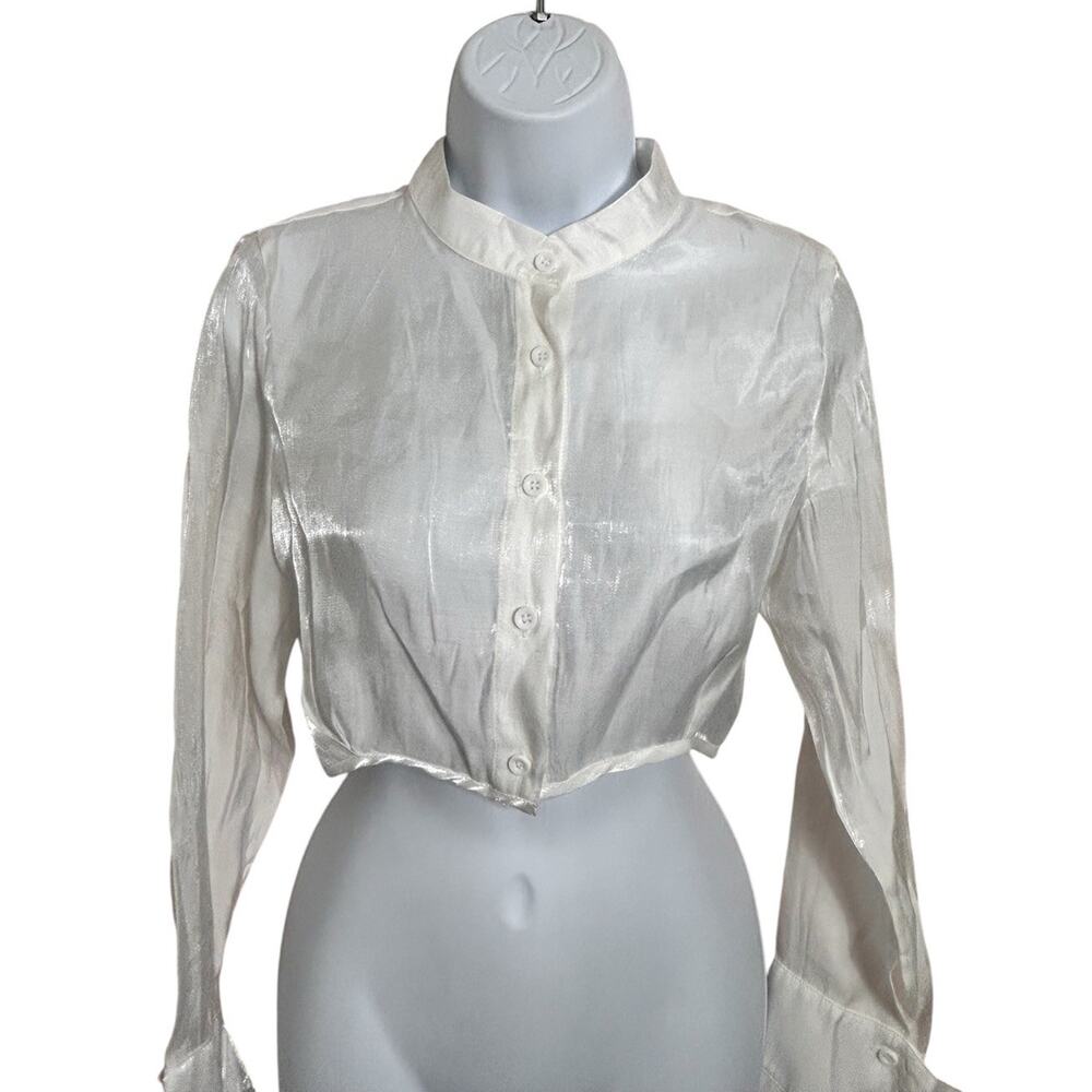 Fashion Nova Kaelie Satin Crop Top Off White Sz Small Long Bell Sleeve New - Picture 7 of 14